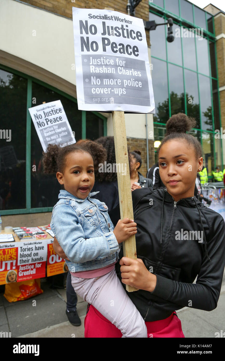 Campaigners hold a vigil outside Stoke Newington Police Station in Hackney, East London, demanding 'justice' for Rashan Charles who died after being chased by police officers in the early hours of 22 July  Featuring: Atmosphere Where: London, United Kingdom When: 24 Jul 2017 Credit: Dinendra Haria/WENN.com Stock Photo