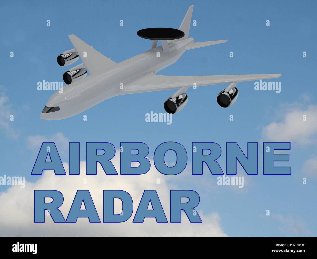 3D illustration of 'AIRBORNE RADAR' title on cloudy sky as a background, under an airplane with a round radar antena mounted upon it. Stock Photo