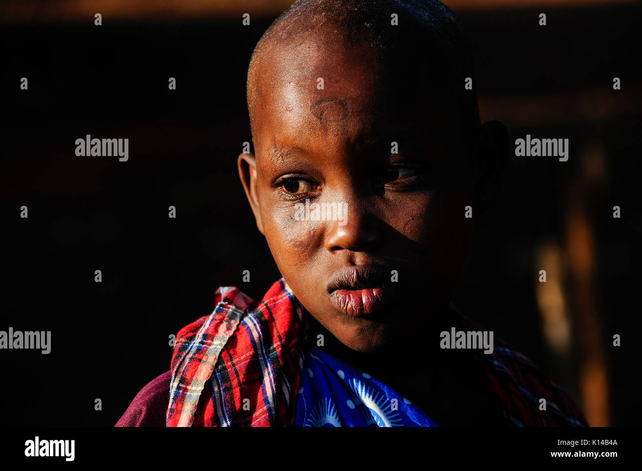 TANZANIA, Korogwe, young Massai girl with scar at forehead in Kwalukonge village / TANSANIA, Korogwe, Massai im Dorf Kwalukonge Stock Photo