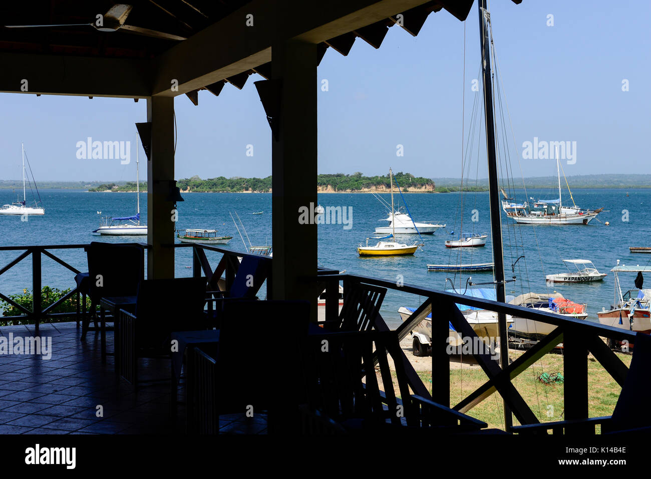 TANZANIA Tanga, bay with sailing boats at indian ocean, view from yacht club, which was built during german colonial time Stock Photo