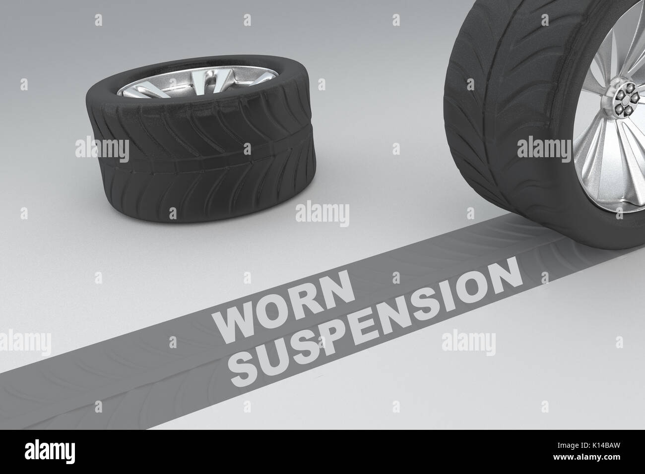3D illustration of "WORN SUSPENSION" title with two tires as a