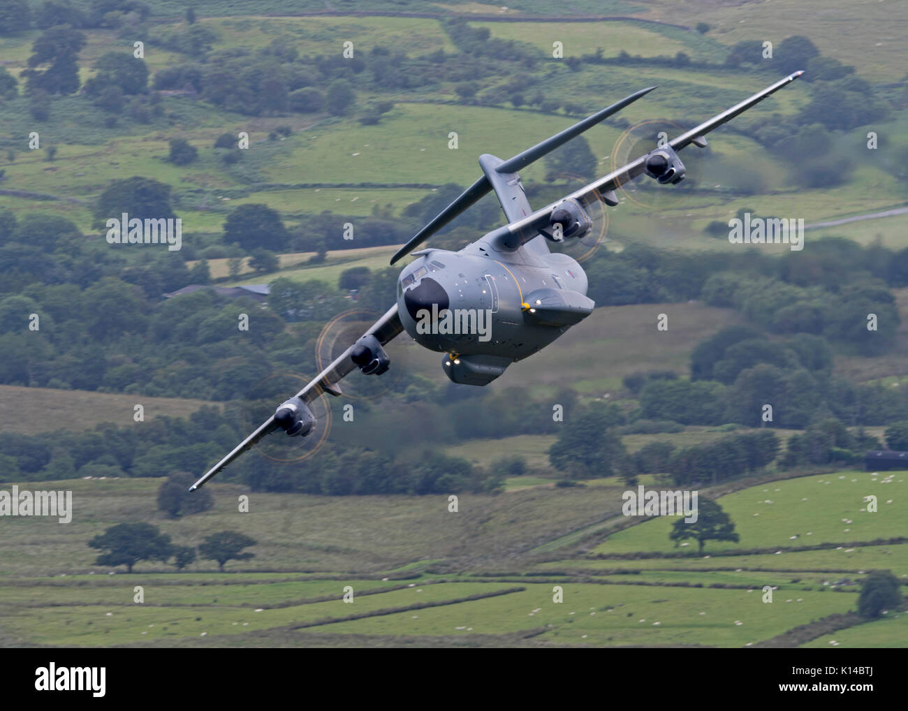 RAF Atlas A400M on a low level training flight in the Mach Loop area of Snowdonia Wales. Stock Photo