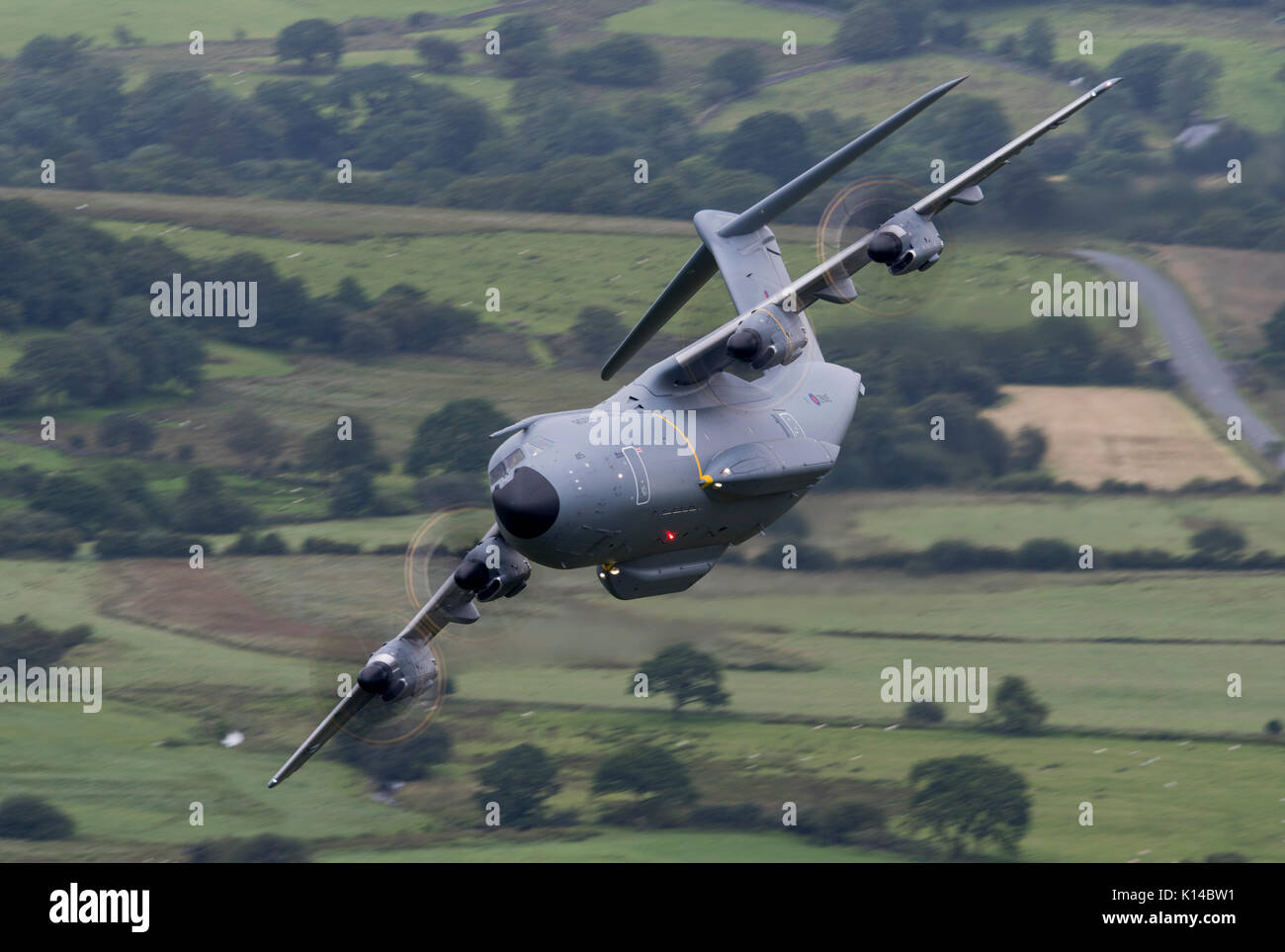 RAF Atlas A400M on a low level training flight in the Mach Loop area of Snowdonia Wales. Stock Photo