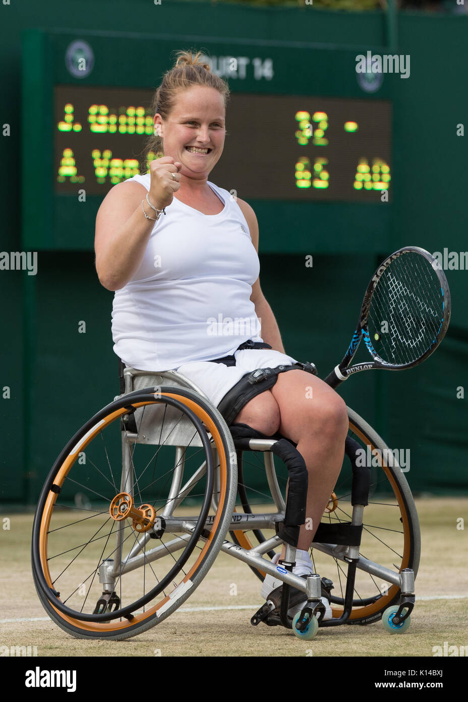 Wheelchair tennis player Aniek Van Koot of the Netherlands celebrates