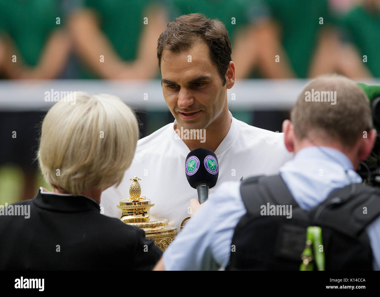 Roger Federer of Switzerland during a tv interview at the Gentlemen's Singles - Wimbledon Championships 2017 Stock Photo