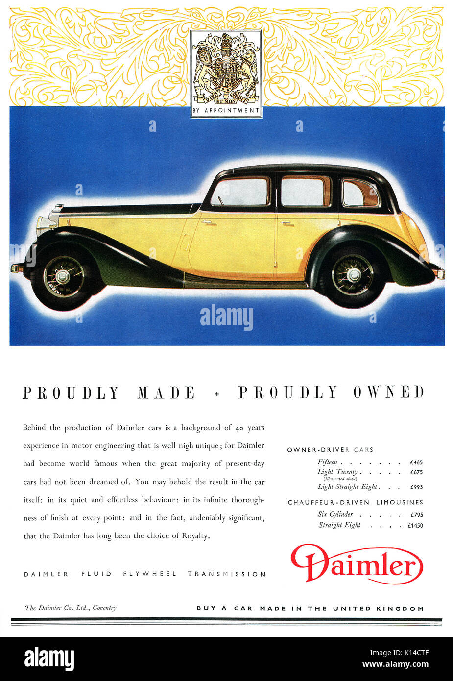 1937 British advertisement for Daimler Cars. Stock Photo