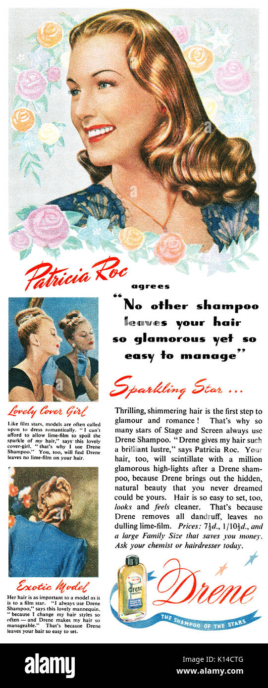 1947 British advertisement for Drene Shampoo, featuring actress Patrica Roc. Stock Photo