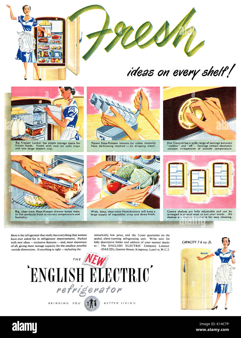 1951 British advertisement for the English Electric Refrigerator. Stock Photo