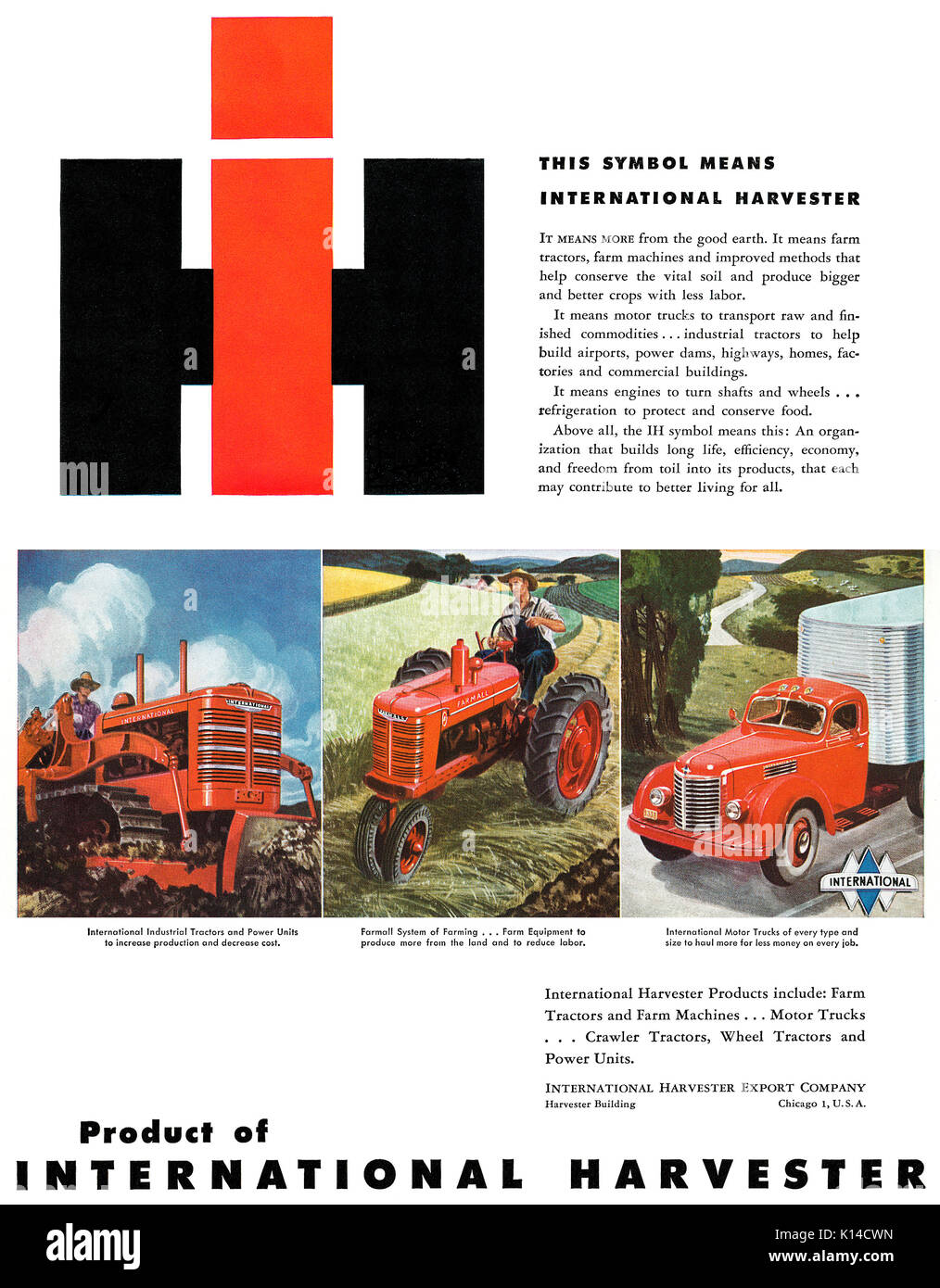 1947 U.S. advertisement for International Harvester tractors and trucks. Stock Photo