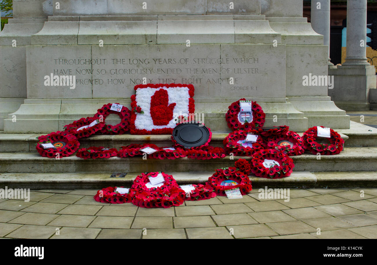 Poppy Wreaths at the cenotaph at Belfast's City Hall just after the commemoration of the first world war Battle of Passchendaele in France Stock Photo