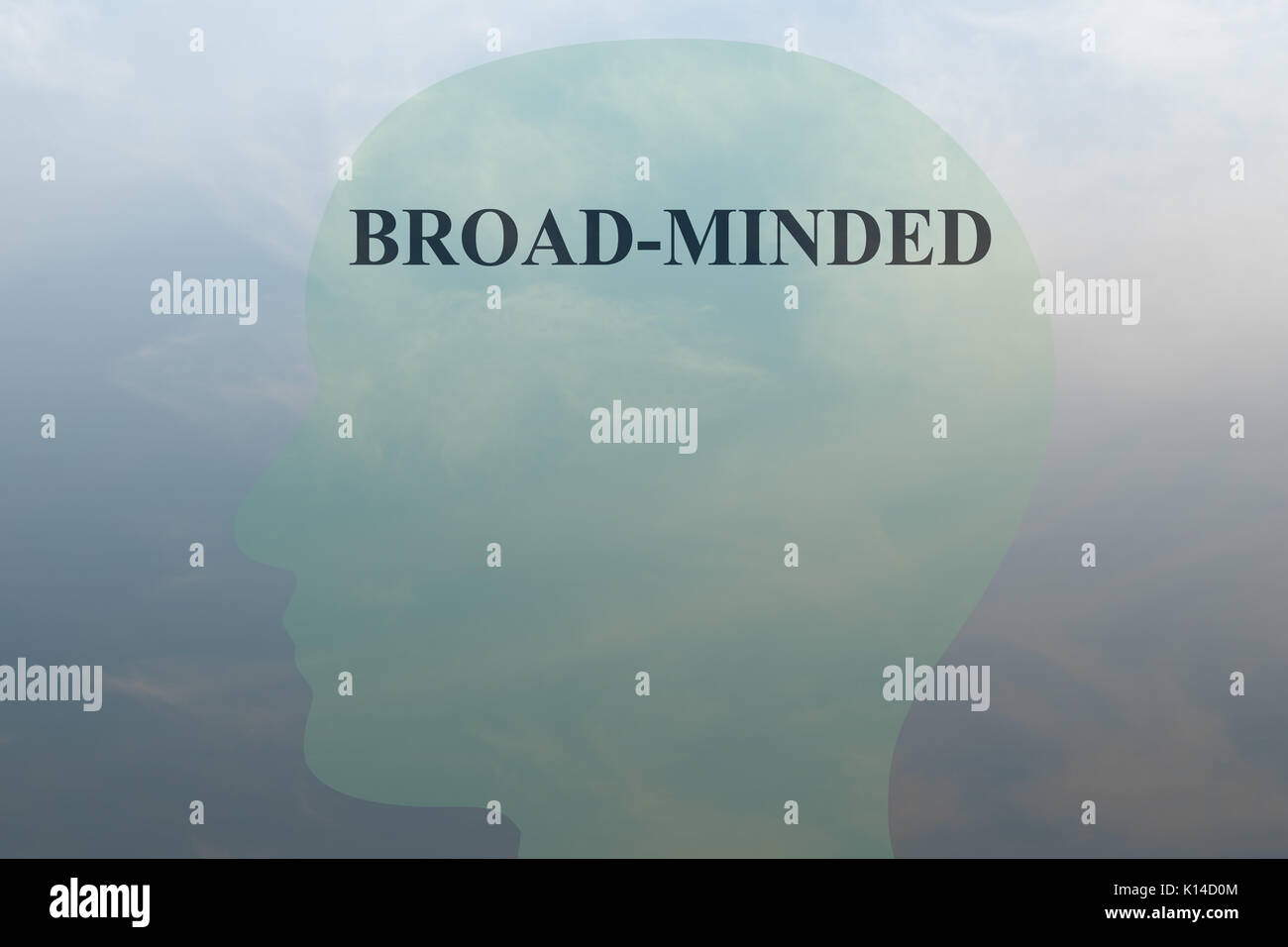 Render illustration of 'BROAD-MINDED' script on head silhouette, with cloudy sky as a background. Stock Photo