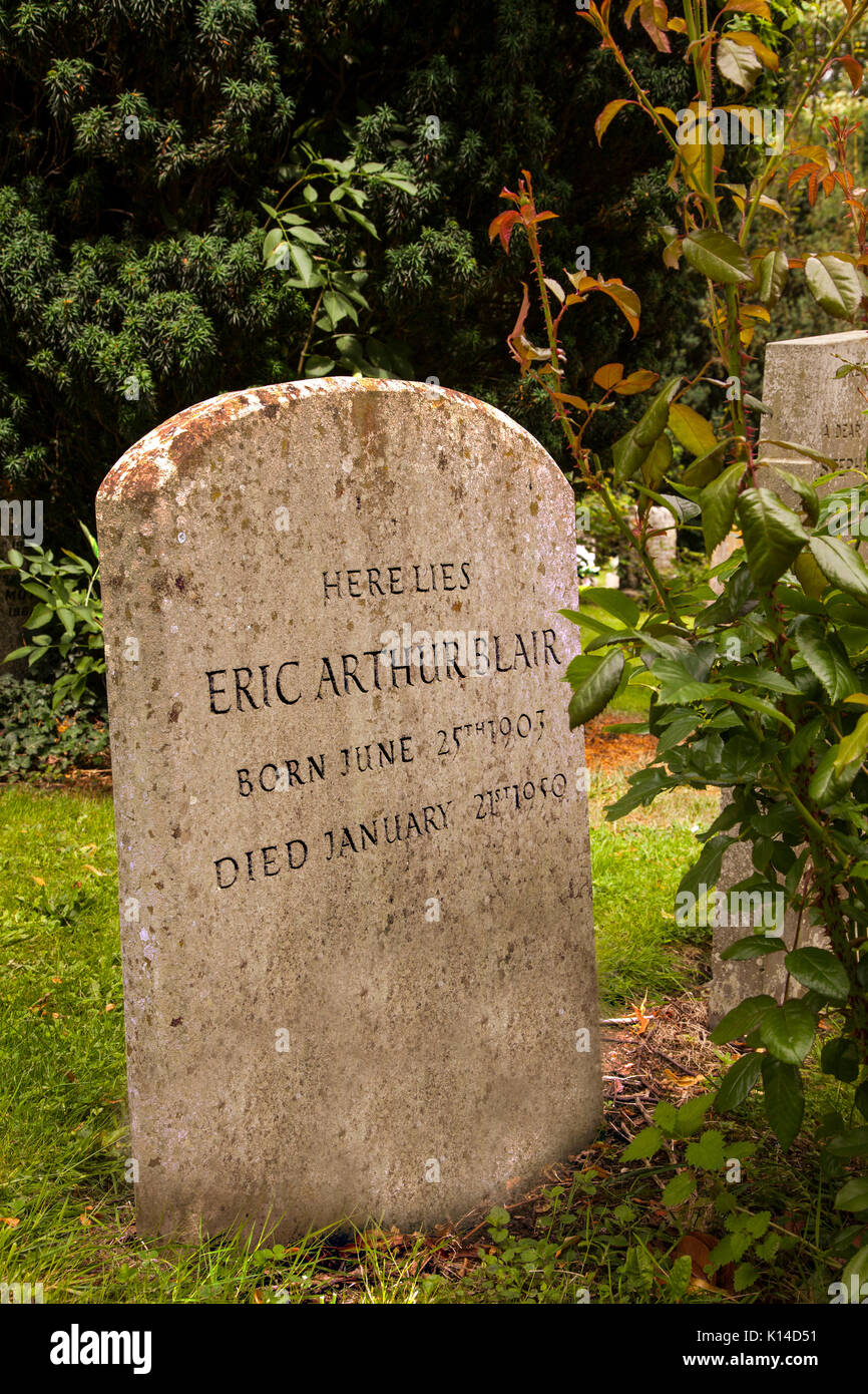 The grave of Eric Blair, better known as the author George Orwell, in the churchyard at All Saints church Sutton Courtenay Oxfordshire England Stock Photo