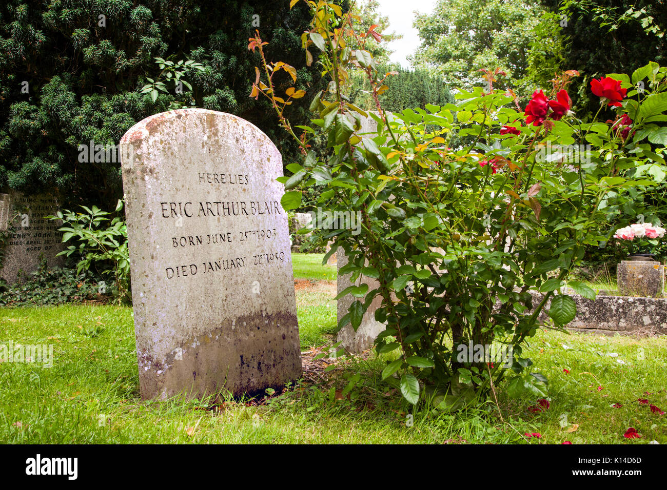 The grave of Eric Arthur Blair, better known as the author George Orwell, in the churchyard at All Saints church Sutton Courtenay Oxfordshire England Stock Photo