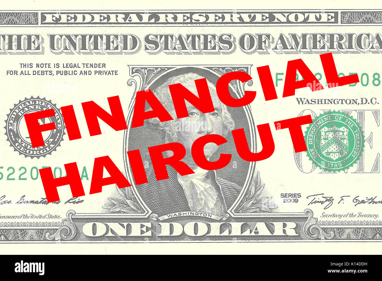 Render illustration of "FINANCIAL HAIRCUT" title on One Dollar bill as