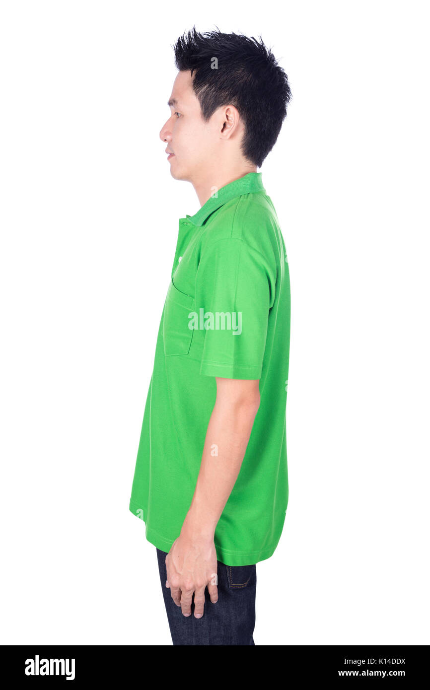 man in green polo shirt isolated on a white background (side view Stock ...