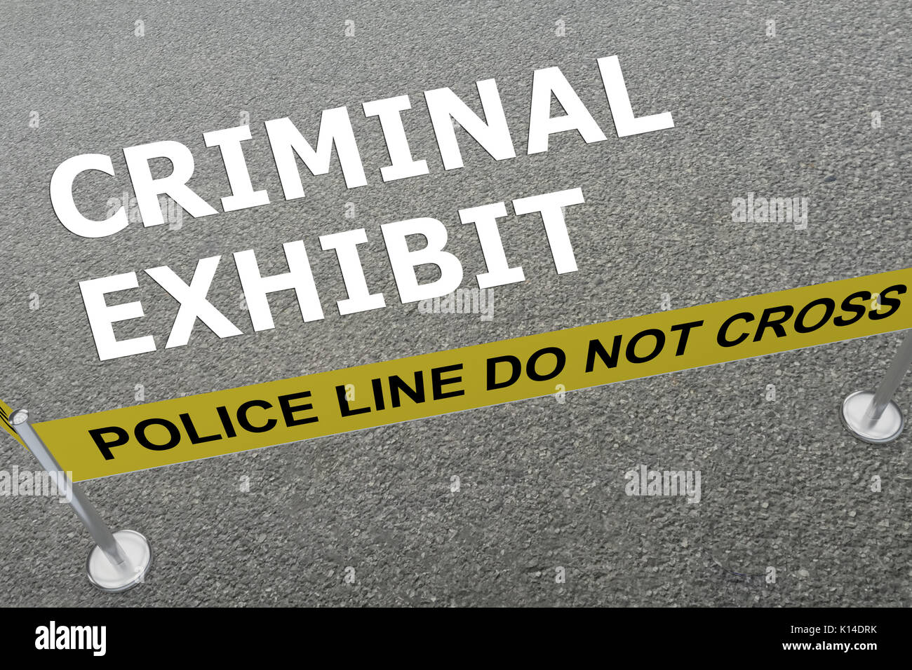 3D illustration of "CRIMINAL EXHIBIT" title on the ground in a police