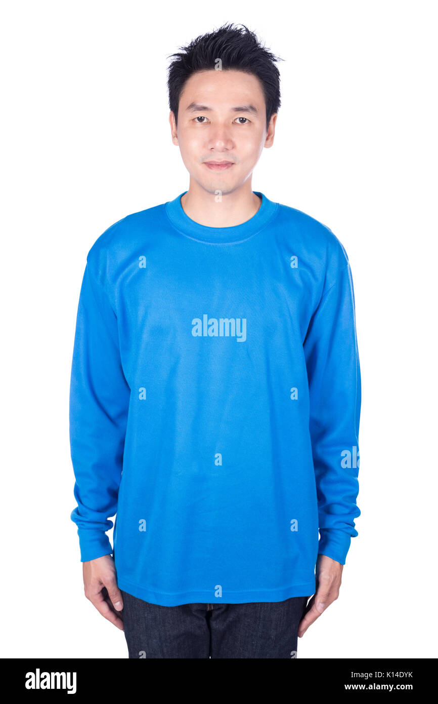 happy man in blue long sleeve t-shirt isolated on a white background Stock Photo