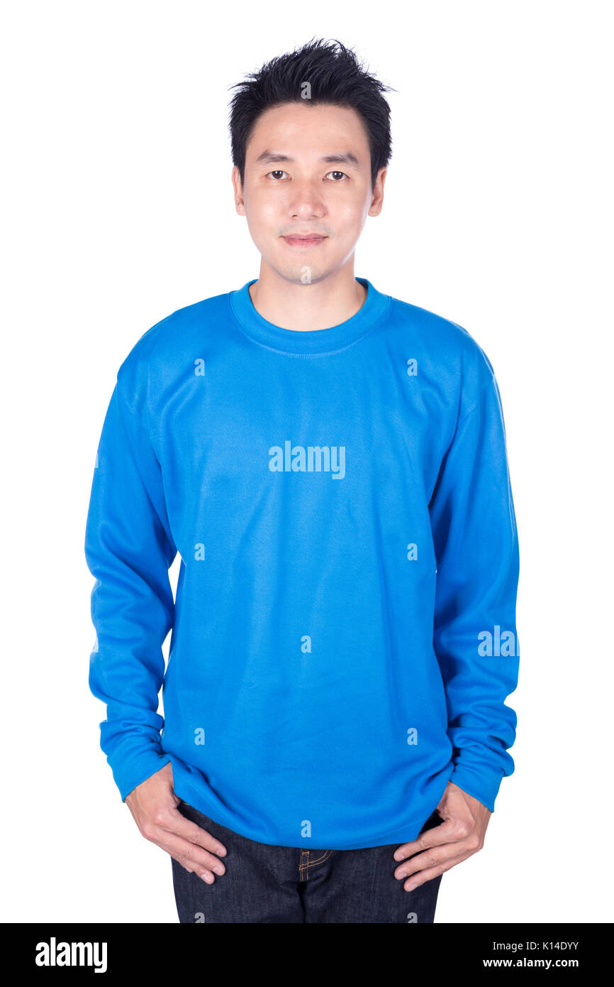 happy man in blue long sleeve t-shirt isolated on a white background Stock Photo