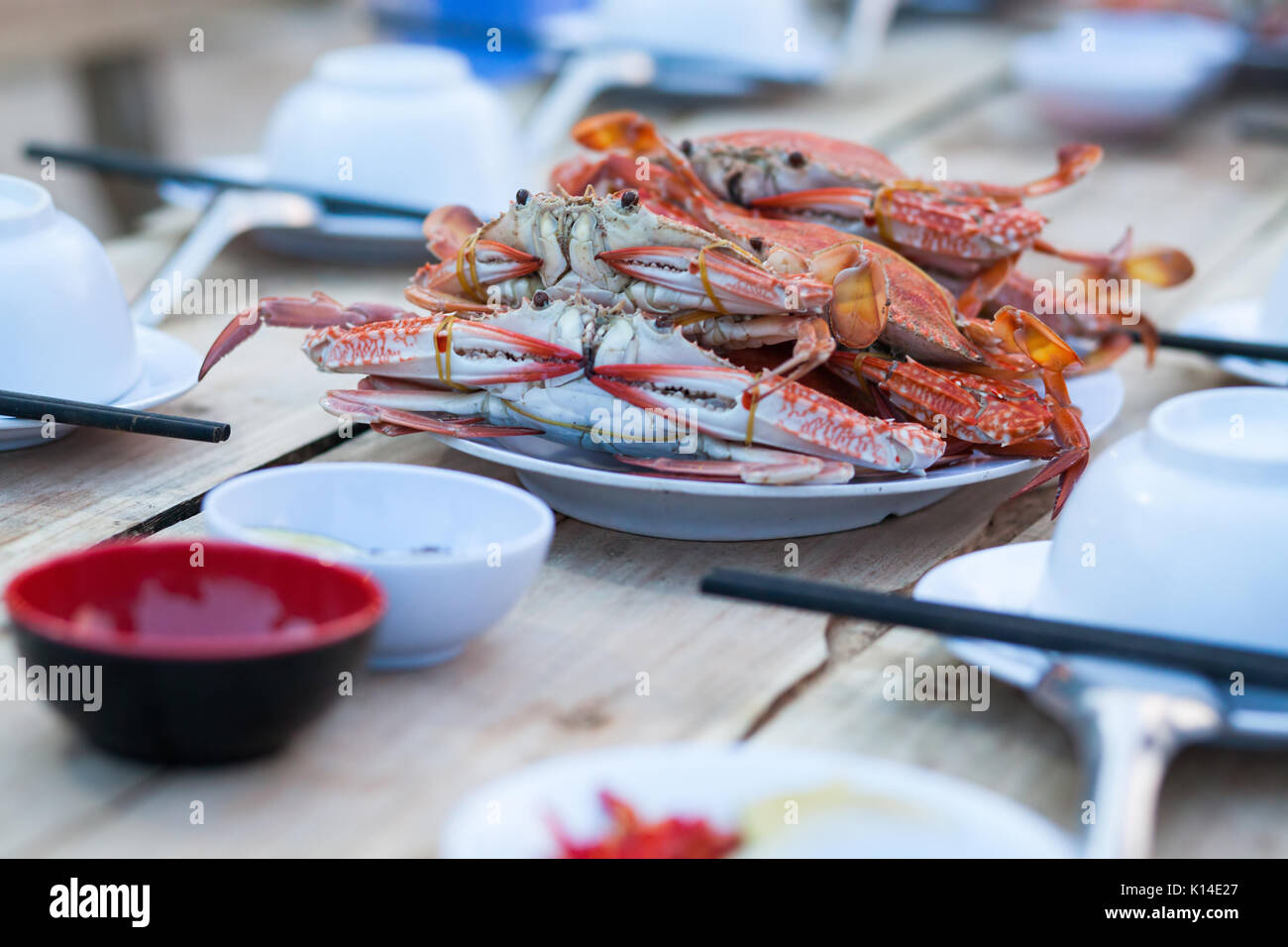 fresh crab boiled in beer ready to eat in vietnamese restaurant Stock