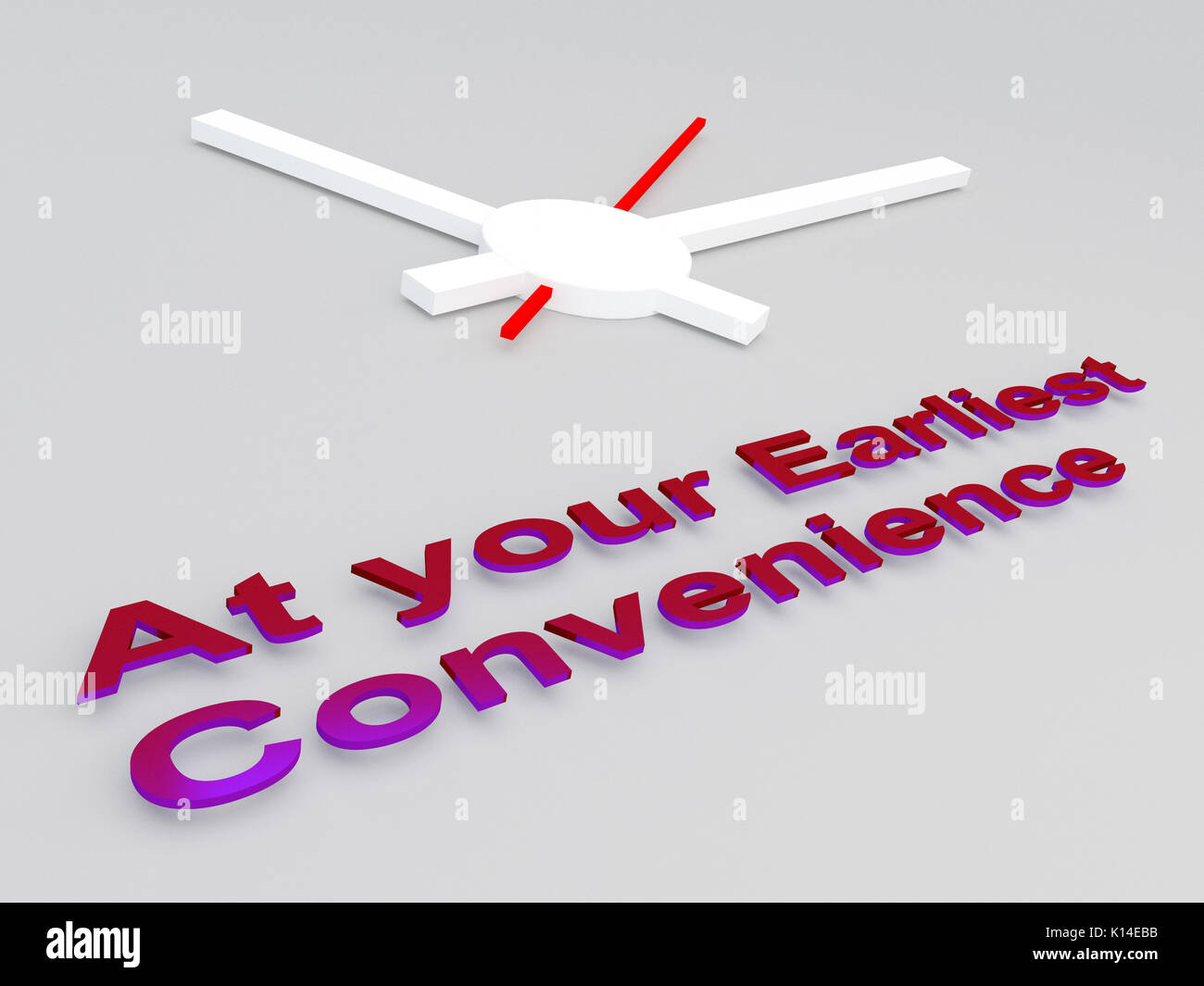 3D illustration of "At your Earliest Convenience" title with a clock as a background Stock Photo