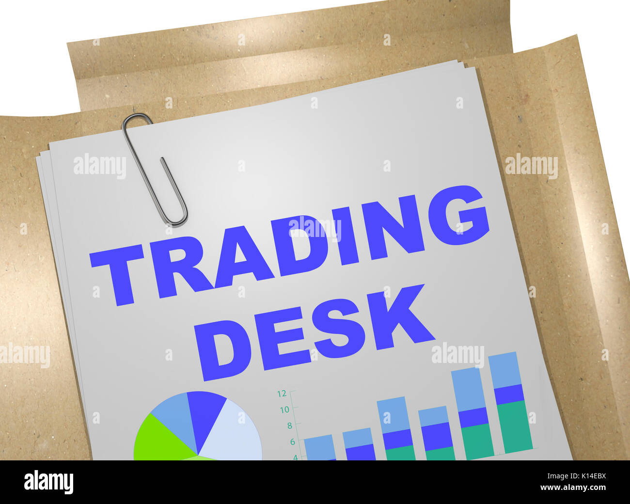 3D illustration of "TRADING DESK" title on business document Stock