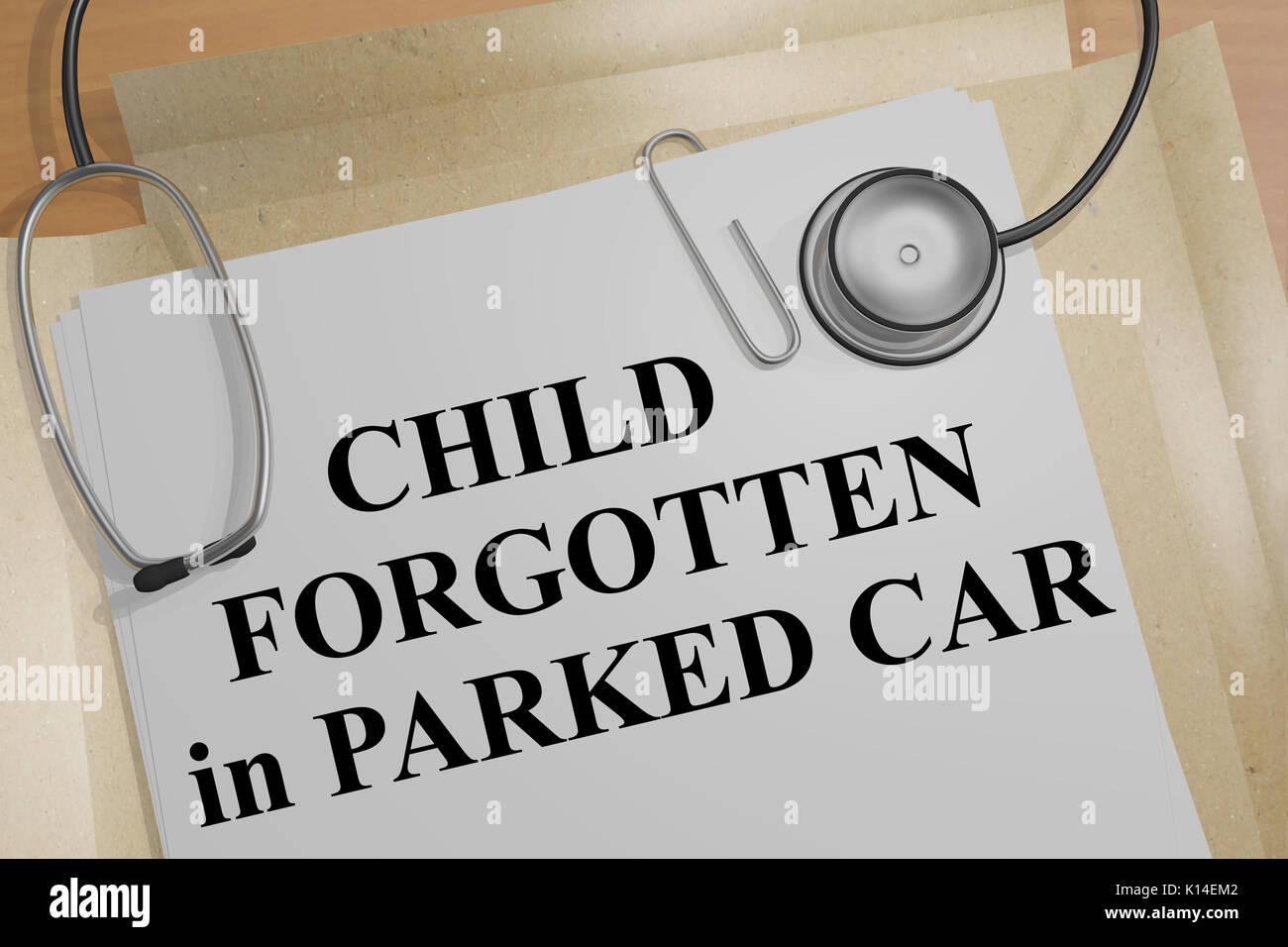 3D illustration of "CHILD in PARKED CAR" title on a medical