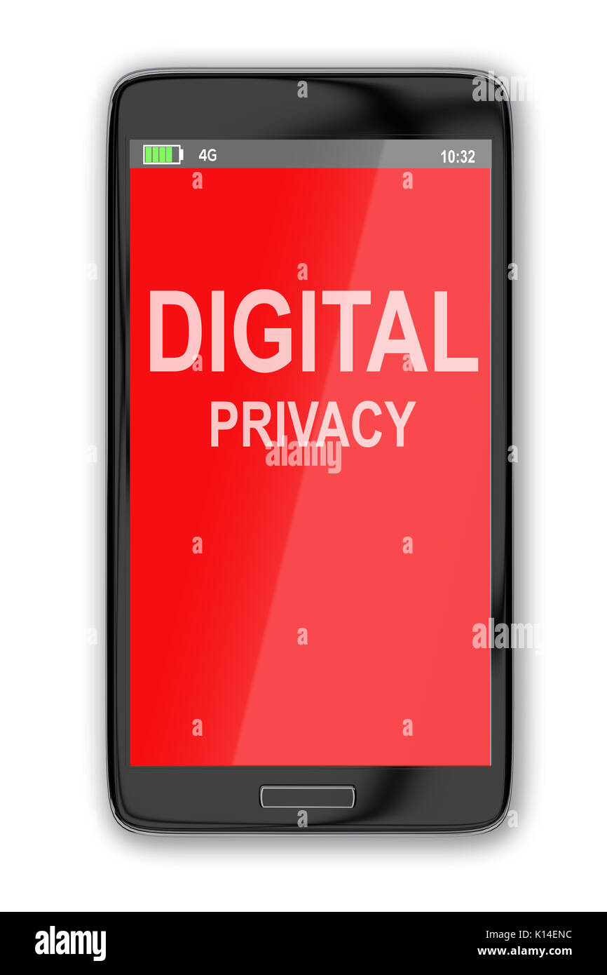 3D illustration of "DIGITAL PRIVACY" title on cellular screen, isolated