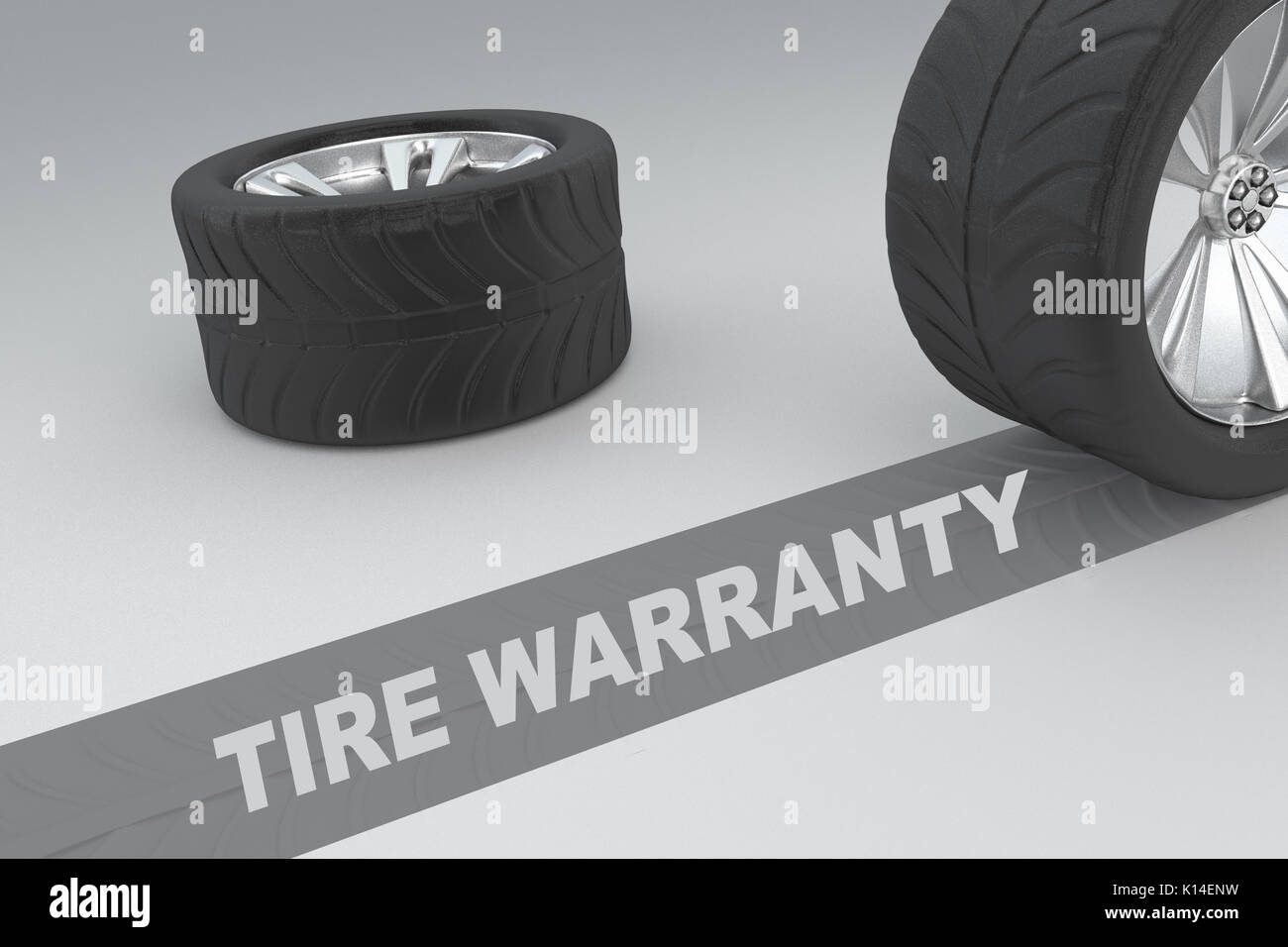 3D illustration of "TIRE WARRANTY" title with two tires as a background Stock Photo Alamy