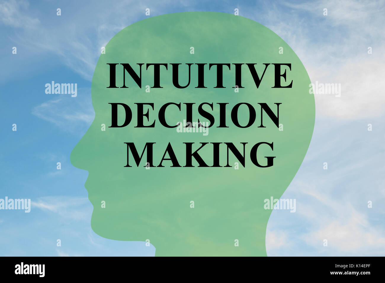 Render illustration of "INTUITIVE DECISION MAKING" script on head ...
