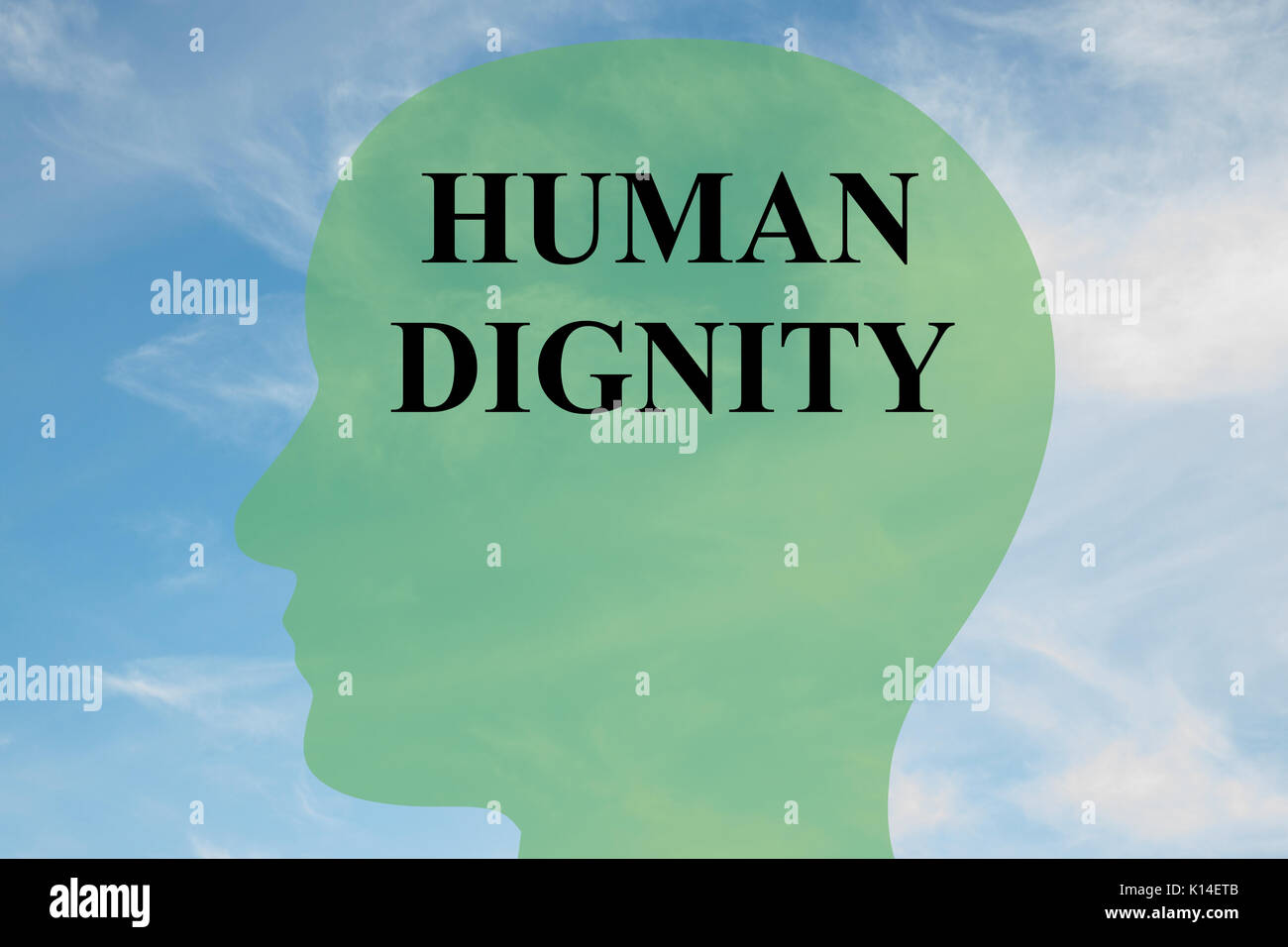 Render illustration of 'HUMAN DIGNITY' script on head silhouette, with cloudy sky as a background. Stock Photo