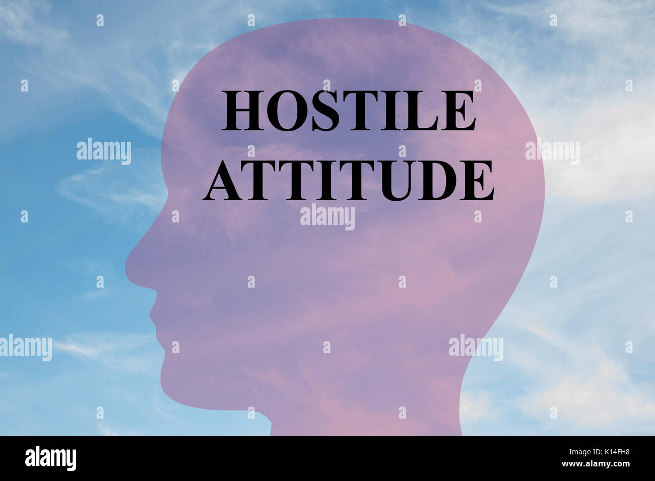 Render illustration of 'HOSTILE ATTITUDE' title on head silhouette, with cloudy sky as a background. Stock Photo