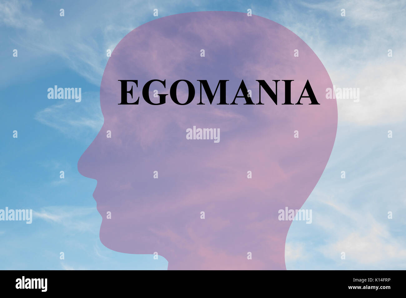 Render illustration of 'EGOMANIA' title on head silhouette, with cloudy sky as a background. Stock Photo