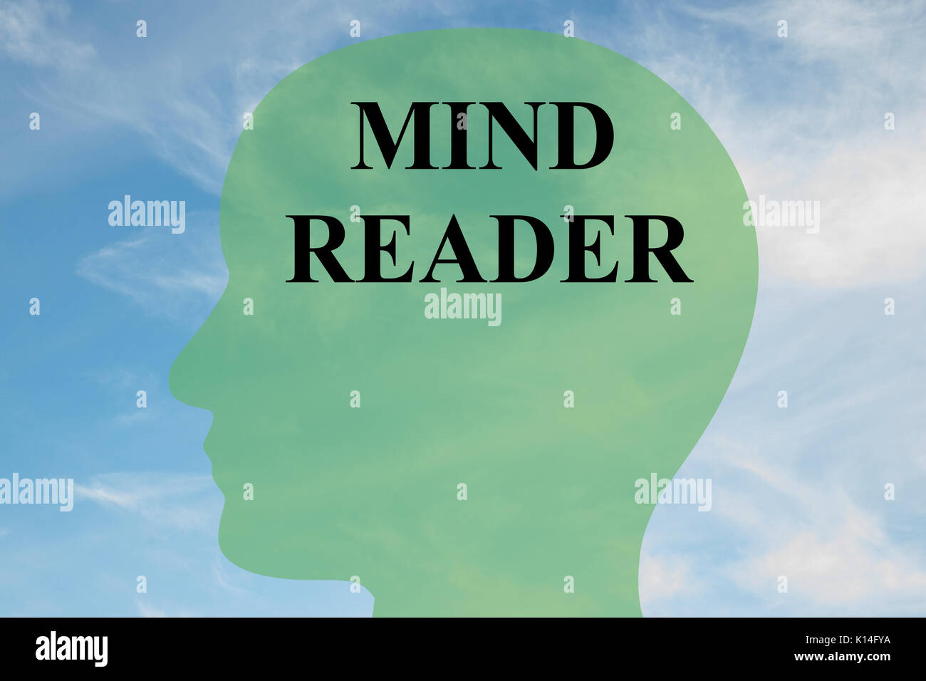 Render illustration of "MIND READER" script on head silhouette, with