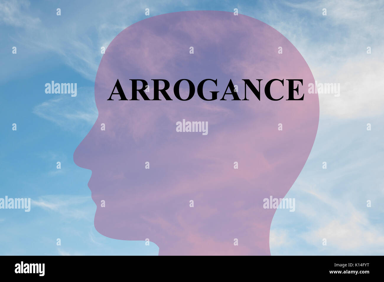 Render illustration of "ARROGANCE" title on head silhouette, with