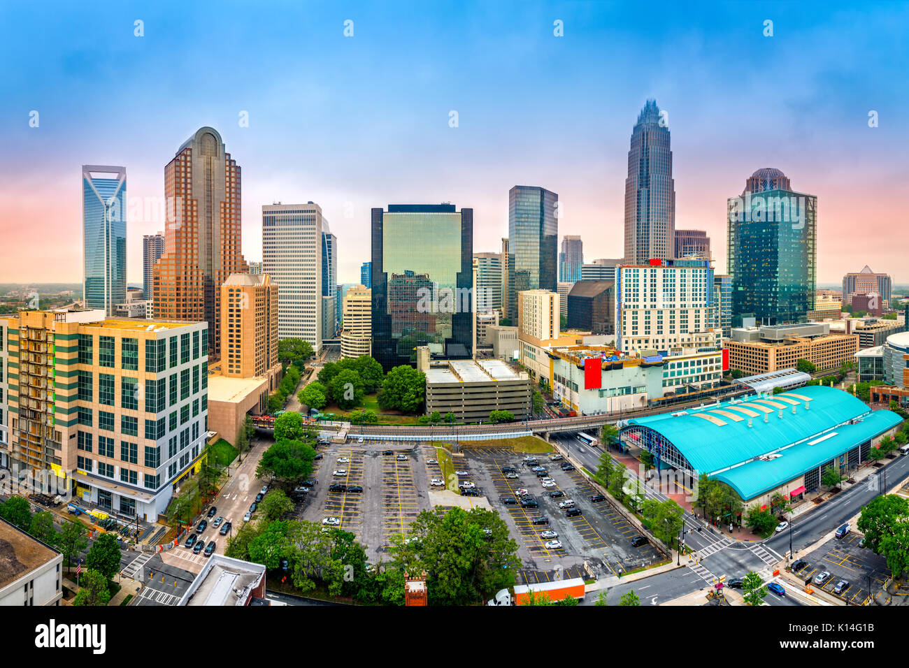 Aerial view of Charlotte, NC skyline on a foggy afternoon Stock Photo