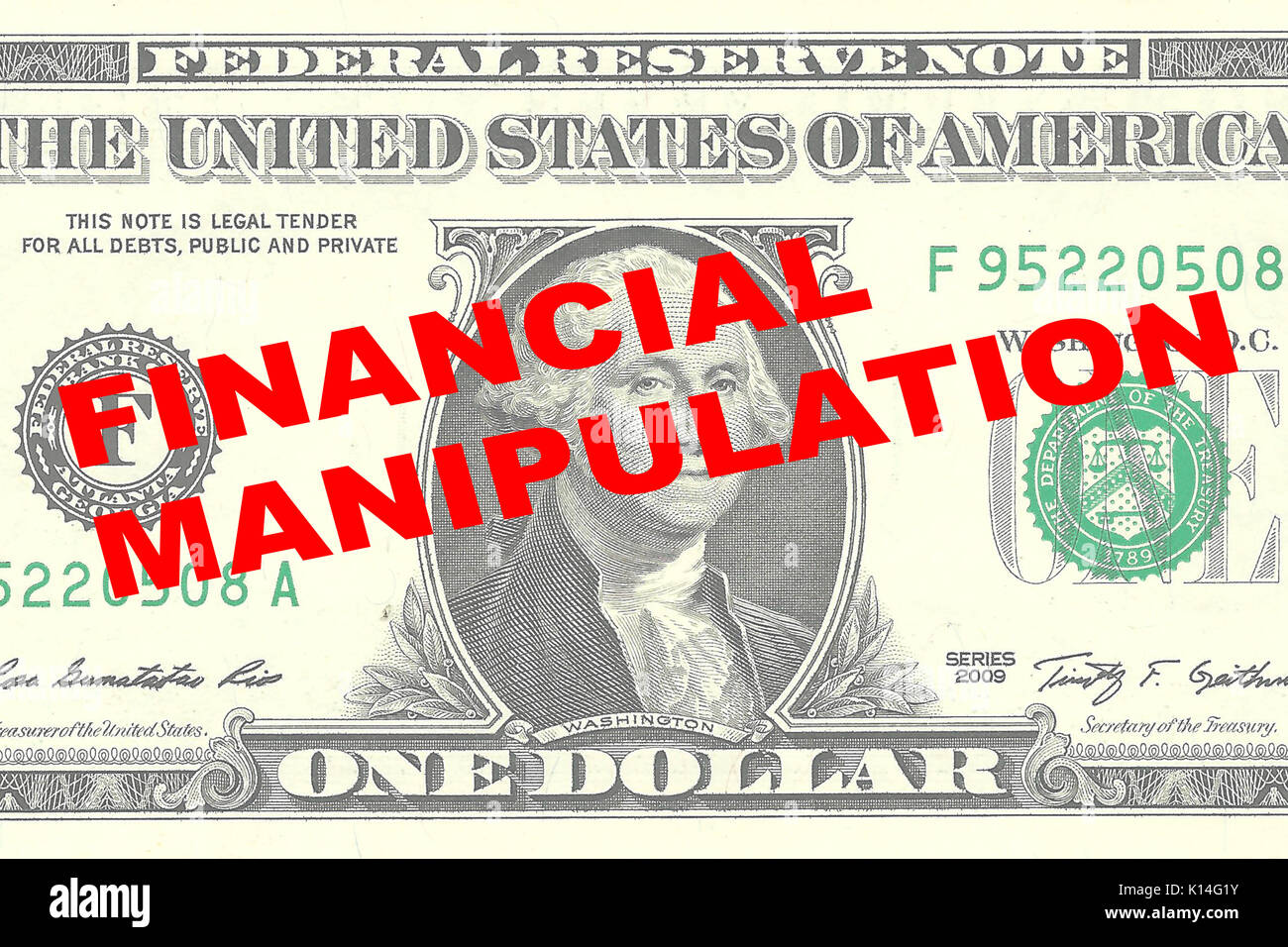 Render illustration of "FINANCIAL MANIPULATION" title on One Dollar