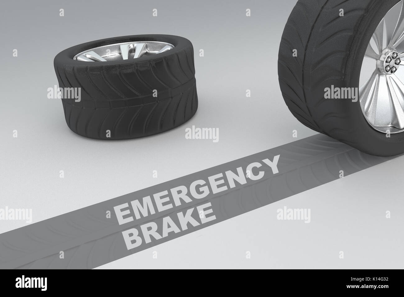 3D illustration of "EMERGENCY BRAKE" title with two tires as a background Stock Photo Alamy