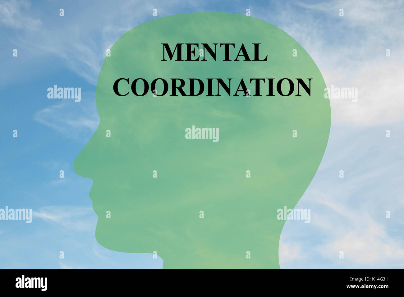 Render illustration of 'MENTAL COORDINATION' script on head silhouette, with cloudy sky as a background. Stock Photo