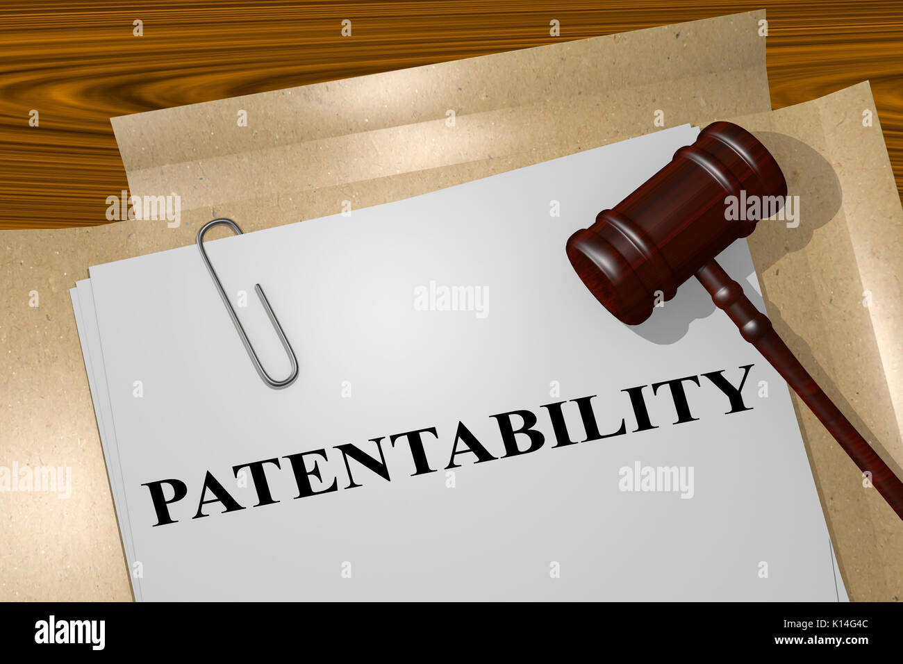 3D illustration of 'PATENTABILITY' title on legal document Stock Photo
