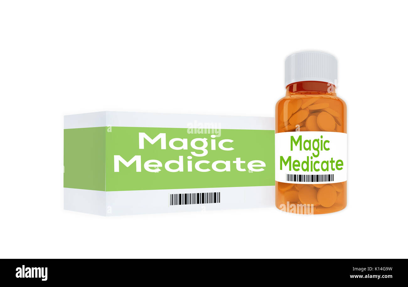 3D illustration of "Magic Medicate" title on pill bottle, isolated on white. Stock Photo