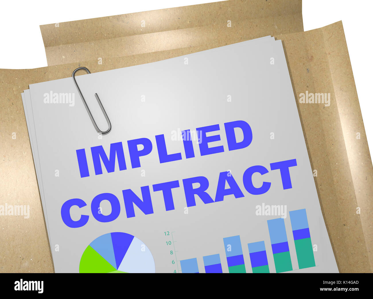 3D illustration of 'IMPLIED CONTRACT' title on business document Stock Photo