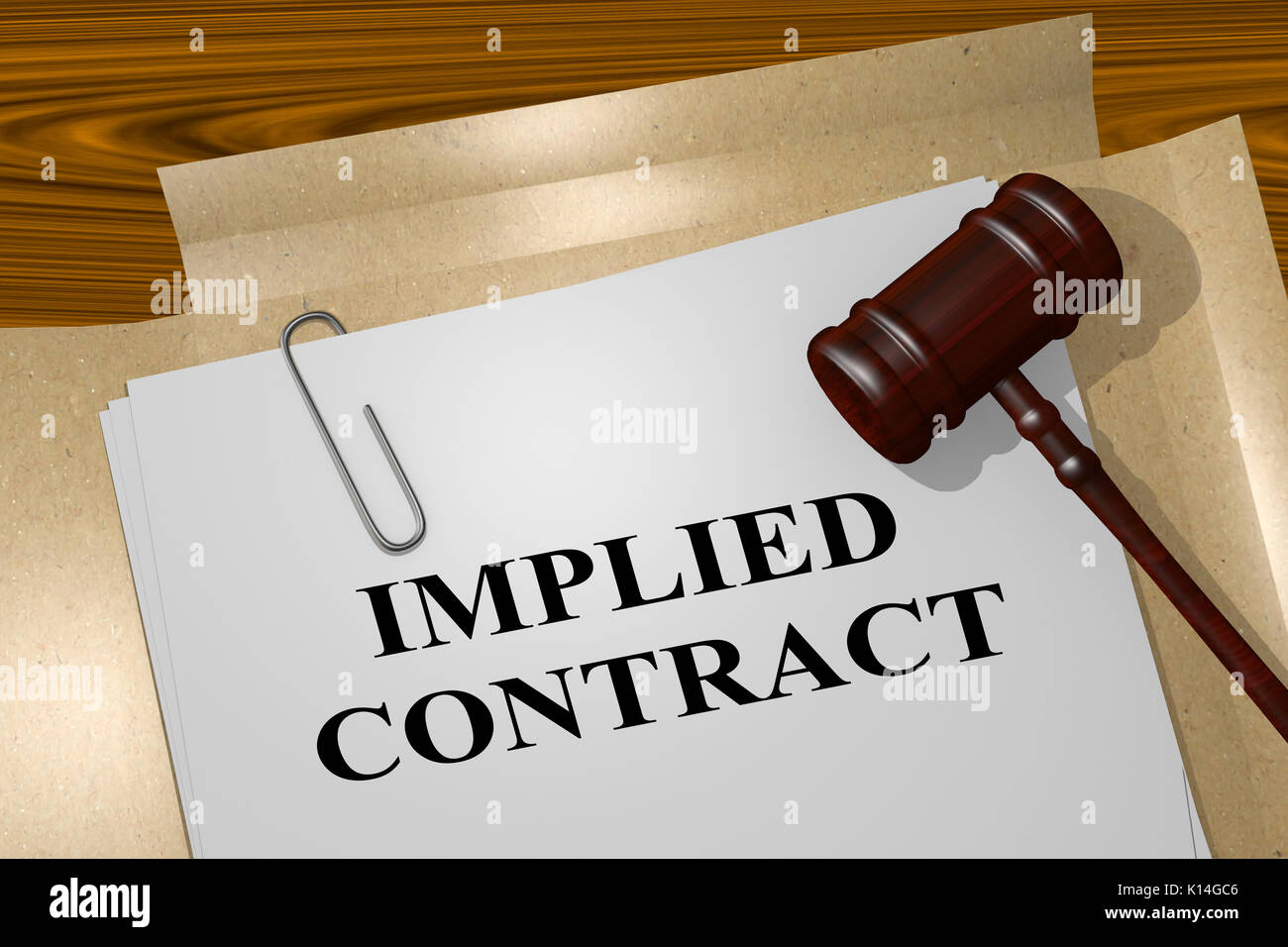3D illustration of 'IMPLIED CONTRACT' title on legal document Stock Photo