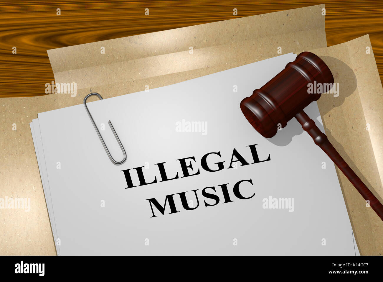 3D illustration of "ILLEGAL MUSIC" title on legal document Stock Photo