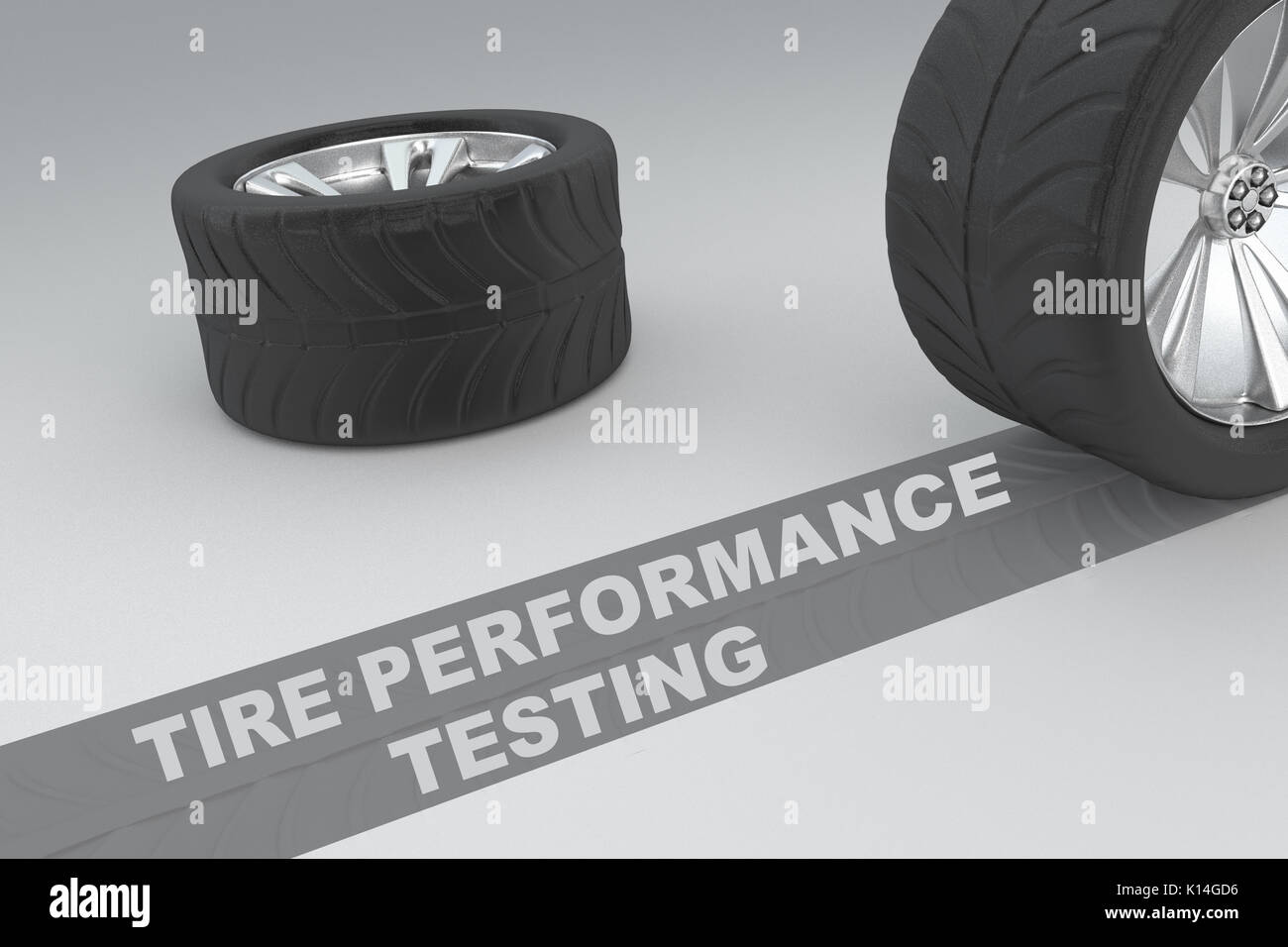 3D illustration of "Tire Performance Testing" title with two tires as a background Stock Photo