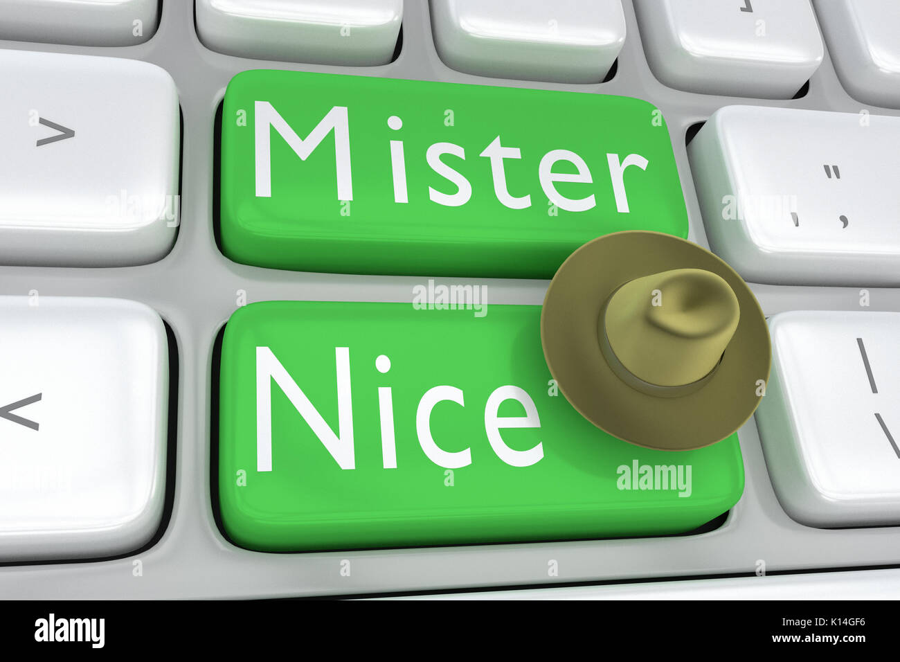 3D illustration of computer keyboard with the script 'Mister Nice' on two adjacent green buttons, and a felt hat on one of these buttons. Stock Photo