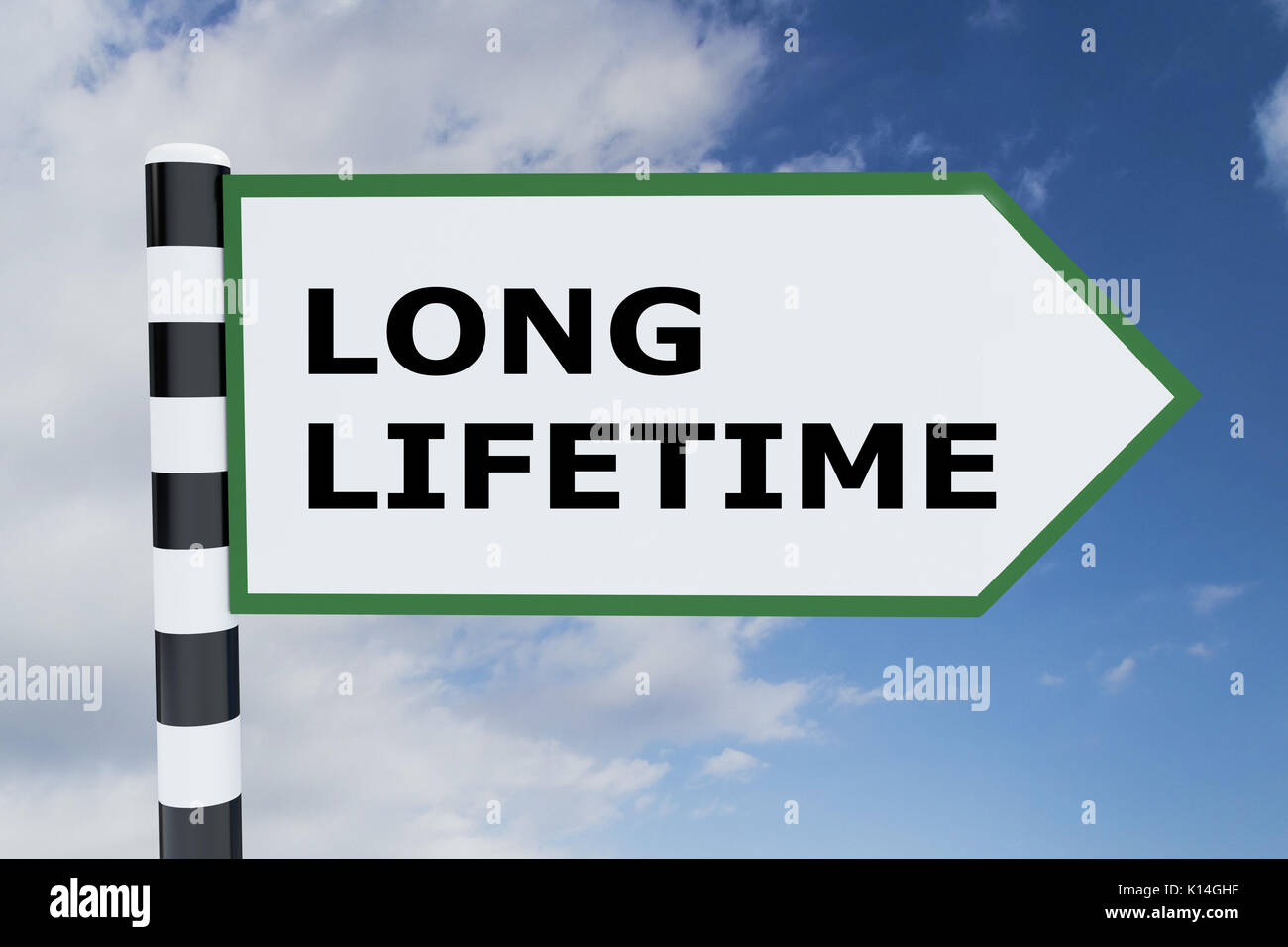 3D illustration of 'LONG LIFETIME' script on road sign Stock Photo