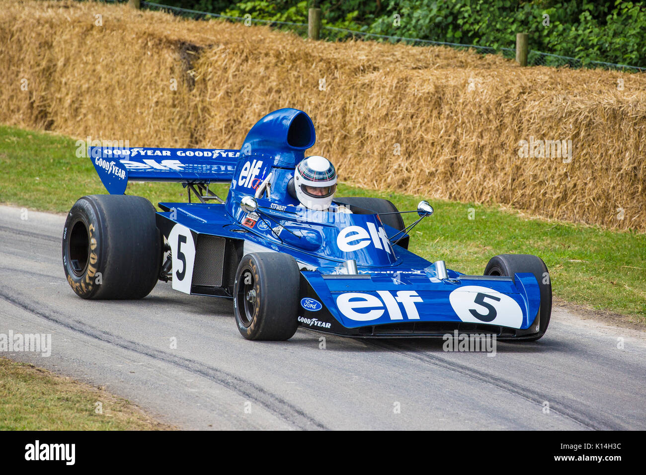 1973 Tyrrell-Cosworth 006 with driver Mark Stewart at the 2017 Goodwood Festival of Speed, Sussex, UK. Stock Photo