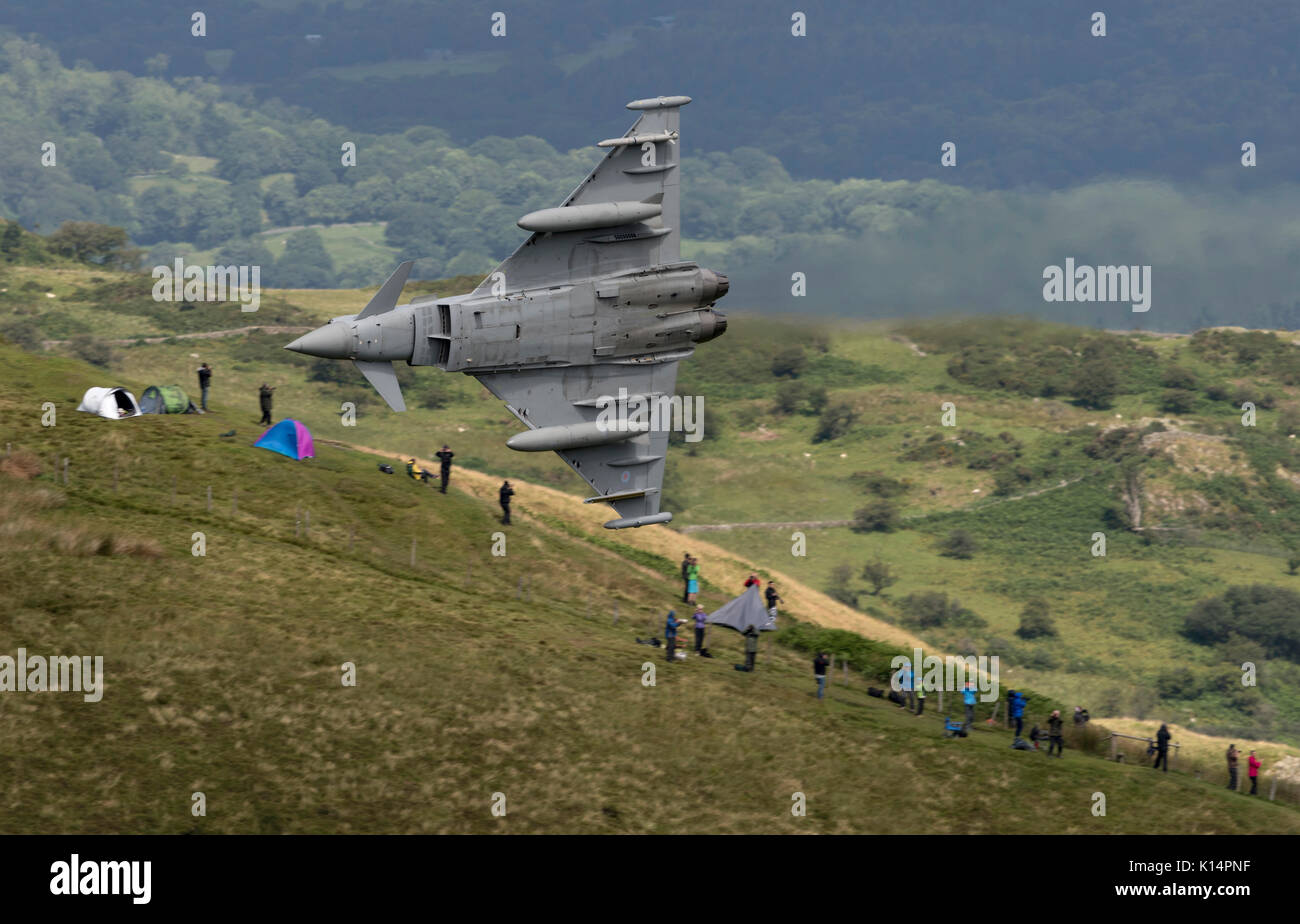 RAF Typhoon FGR4, conducting low level flying training in Snowdonia, Wales. The Mach Loop, LFA7, Low Flying Area 7, Stock Photo