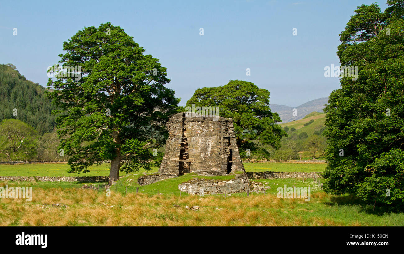 Panoramic view of ancient Dun Telve broch, Iron Age roundhouse, in colourful landscape with trees and hills under blue sky near Glenelg, Scotland Stock Photo