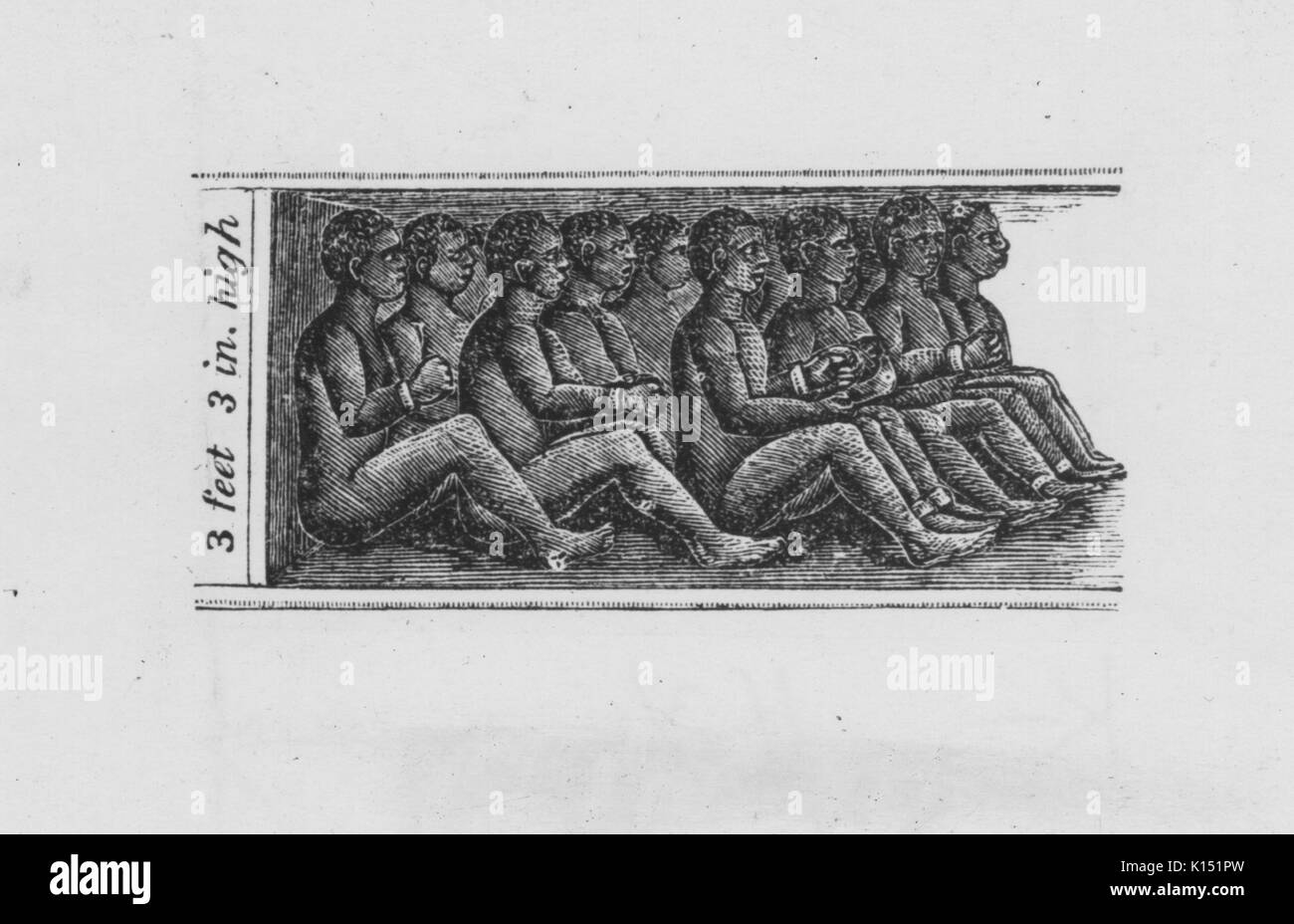 Engraving of chained African slaves in cargo hold of the slave ship Amistad, from Africa to Havana, measuring three feet and three inches high, by John Warner Barber, 1900. From the New York Public Library. Stock Photo